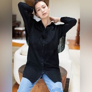 Guess, Black Fringe Button-Up Women's Top, MD